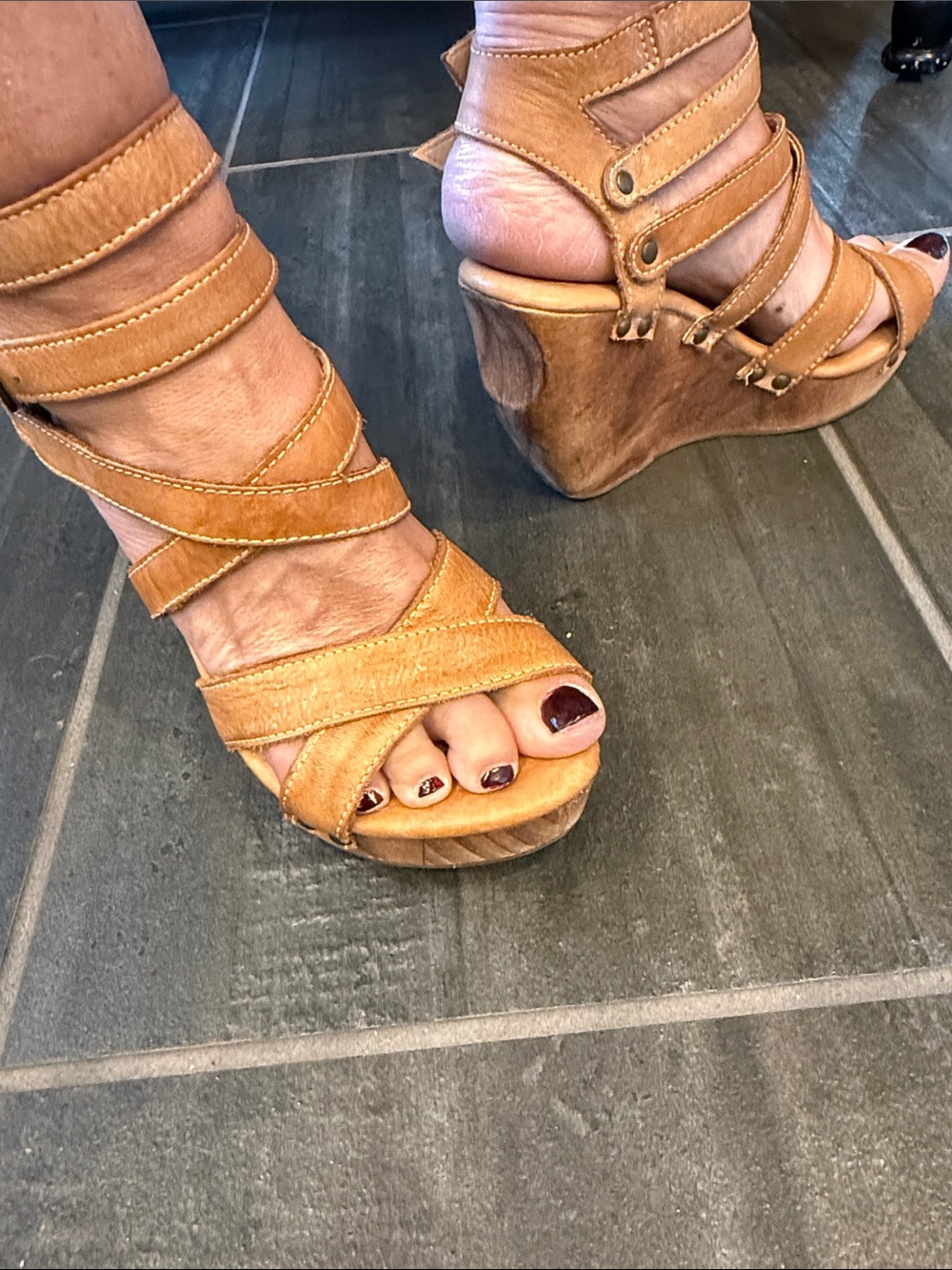 BED STU Brown Leather Strappy Wood Platform Wedge Sandals Boho Artisan 7